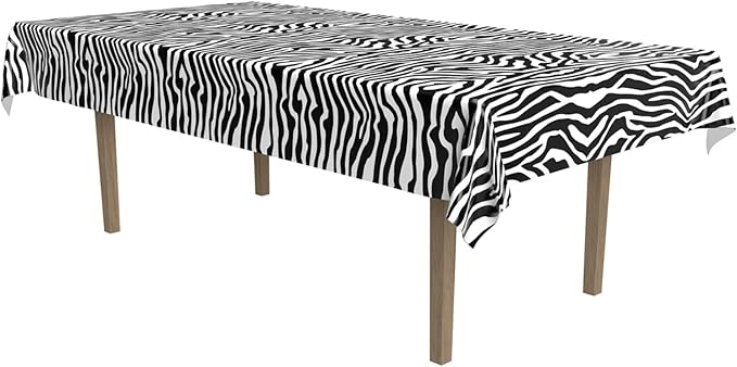 Beistle Plastic Disposable Rectangular Zebra Print Table Cover Bachelorette Birthday Party Supplies and Tableware, 54"x108", Black, White