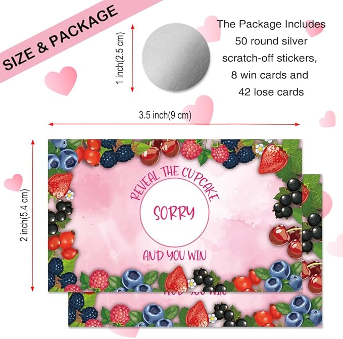 50 Pcs Berry Scratch off Game Cards, Sweet Berry Pink Scratch Cards for Birthday Baby Shower Party, Blueberry Strawberry Party Supplies, Lottery Prize Raffle Tickets