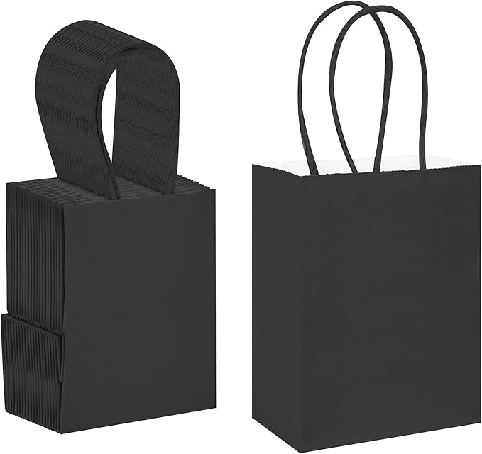DjinnGlory 60 Pack Tiny Mini Black Paper Gift Party Goodie Bags with Handles Bulk 6.3 x 4.7 x 2.75 Inch for Halloween Birthday Favors Treats, DIY Crafts, Small Business Merchandise Kraft Bags