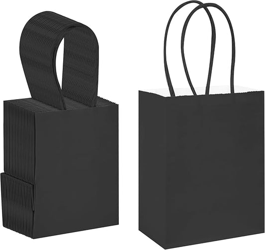 DjinnGlory 60 Pack Tiny Mini Black Paper Gift Party Goodie Bags with Handles Bulk 6.3 x 4.7 x 2.75 Inch for Halloween Birthday Favors Treats, DIY Crafts, Small Business Merchandise Kraft Bags