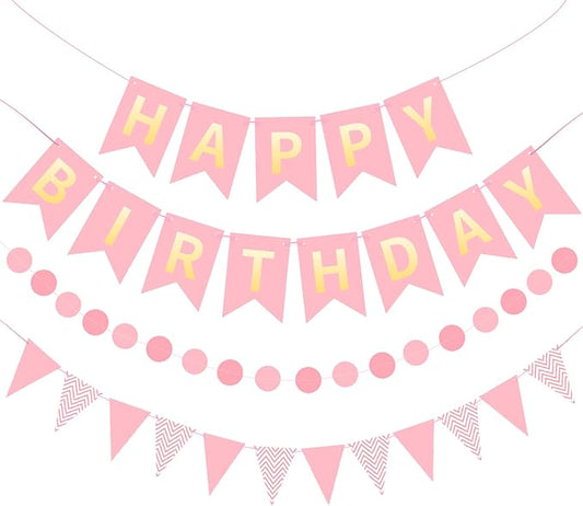 Pink Gold Happy Birthday Banner, Happy Birthday Decorations Hanging Birthday Sign Circle Dot Triangle Bunting for Women Men Girl Boy Party Supplies