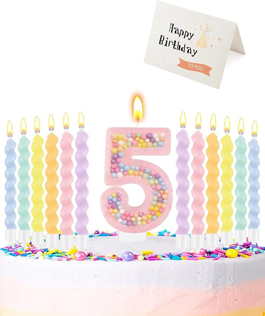 Birthday Candles for Cake, Macaron Number Candles, Cake Candles with Greeting Card for Birthday Party Wedding Anniversary Celebrations (5 Candle)