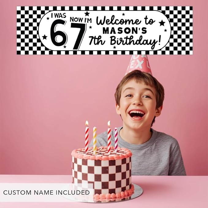 Andaz Press 13x48 Inch Custom 6 7 Birthday Banner Decorations, Personalized Birthday Banner with Custom Name, Black and White Checkered 67 Happy Birthday Party Banner for Boys, Home or Party Décor