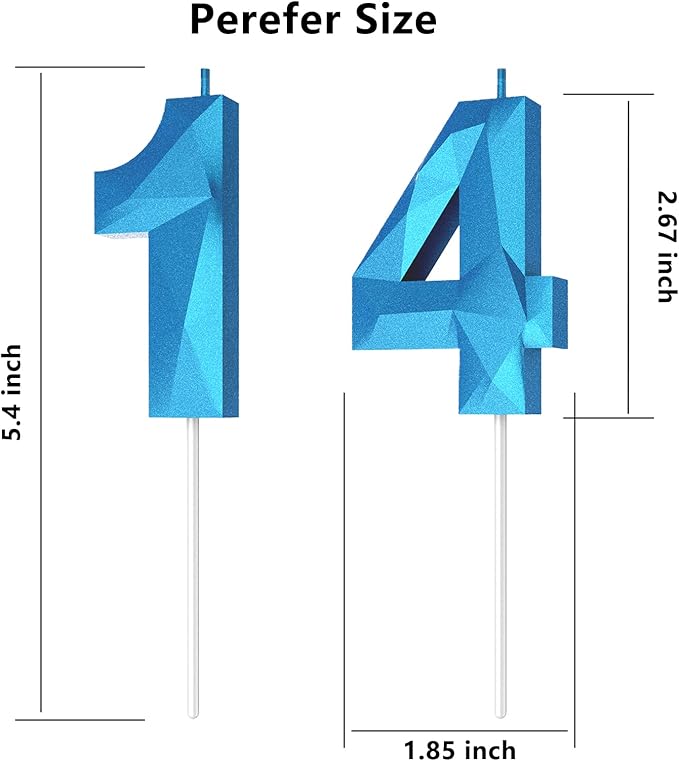 Number Birthday Candles(14 Candle Blue) 3D Diamond Shape Number Happy Birthday Cake Candles for Birthday Party Wedding Decoration Reunions Theme Party