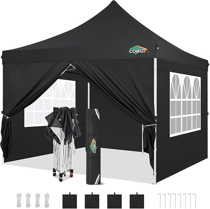 COBIZI 10x10 Pop Up Canopy with 4 Sidewalls, Canopy Tent 10x10 for Parties, Backyard, Commercial, Waterproof and Portable Instant Shelter UV50+ Outdoor Gazebo with 4 Sandbags(Black)