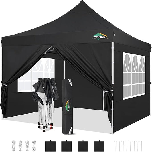 COBIZI 10x10 Pop Up Canopy with 4 Sidewalls, Canopy Tent 10x10 for Parties, Backyard, Commercial, Waterproof and Portable Instant Shelter UV50+ Outdoor Gazebo with 4 Sandbags(Black)