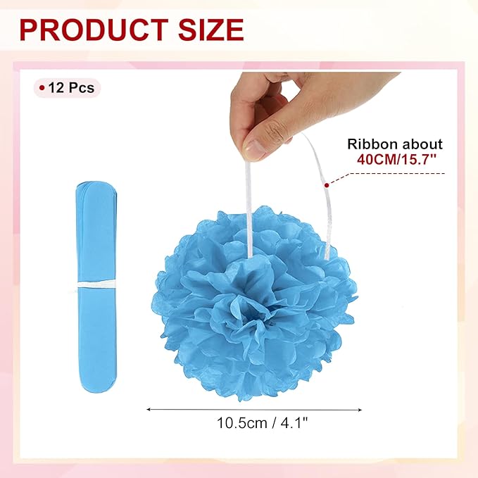PATIKIL 4inch Tissue Paper Pom Poms, 12PCS Pom Poms Paper Flowers Ball Tissue Paper Flowers for Wedding Bridal Shower Birthday Bachelorette Party Backdrop Decoration, Blue