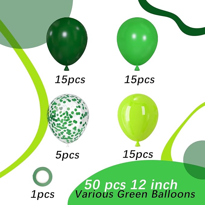 Green Latex Balloons, 50pcs 12 Inches Dark Green Lime Green Confetti Balloons with 1 Ribbon for St. Patrick's Day, Jungle Safari, Birthday Party Decorations