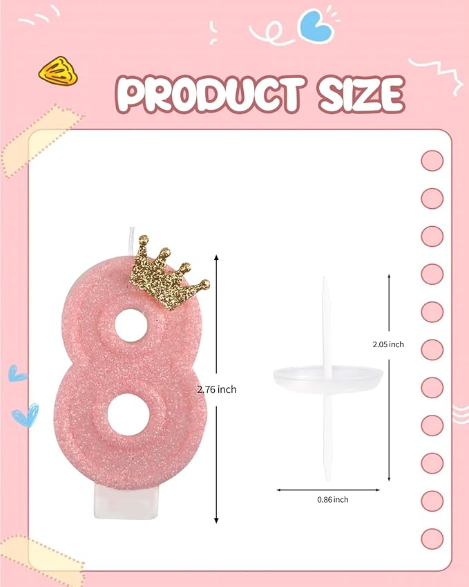 Birthday Candles for Cake, Pink Number Candles, Cake Candles with Cake Topper for Birthday Party Wedding Anniversary Celebrations (8 Candle)