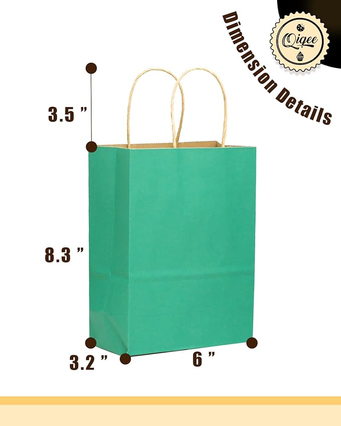 qiqee 100-Packs Mint Green Paper Gift Bags with Handles Bulk 8.26"×6"×3.15" Small Size Gift Bags Multiple Uses