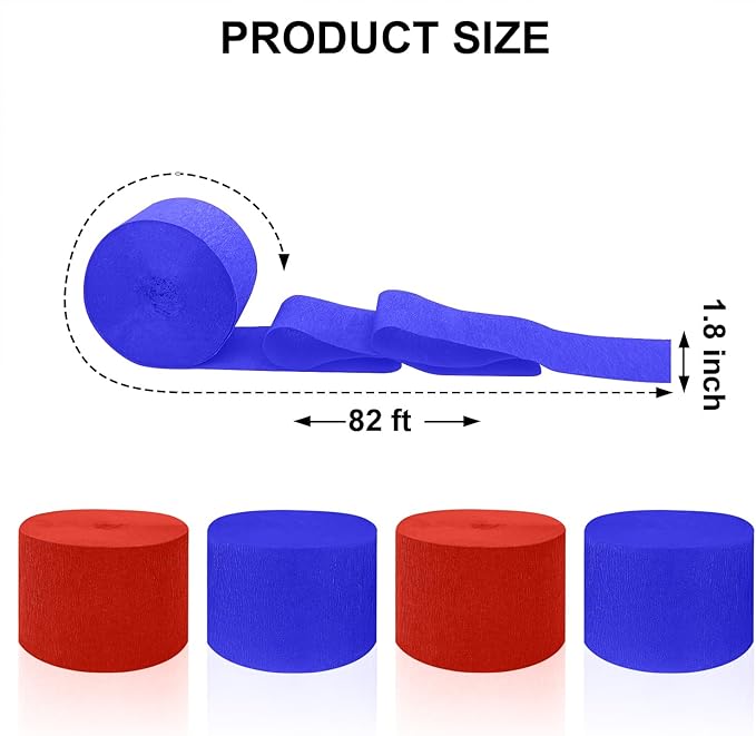 4 Crepe Paper Streamers Rolls, 328ft Pack of Red and Blue Crepe Paper for Birthday Graduation 4th of July Independence Day Baby Shower Wedding Party Decorations (1.8 inch x 82 ft/Roll)