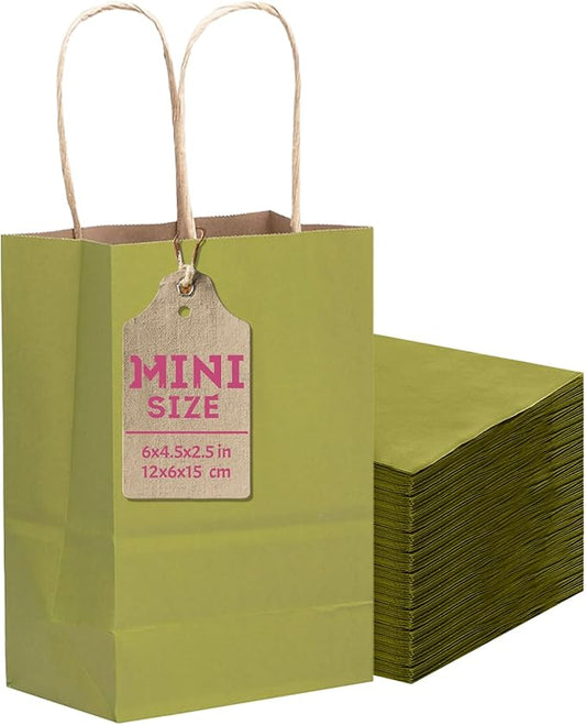 qiqee 24 Pcs Forest Green Mini Paper Gift Bags with Handles 6"x4.5"x2.5" Small Brown Kraft Party Favor Treat Bags Multiple Uses (Mini size)
