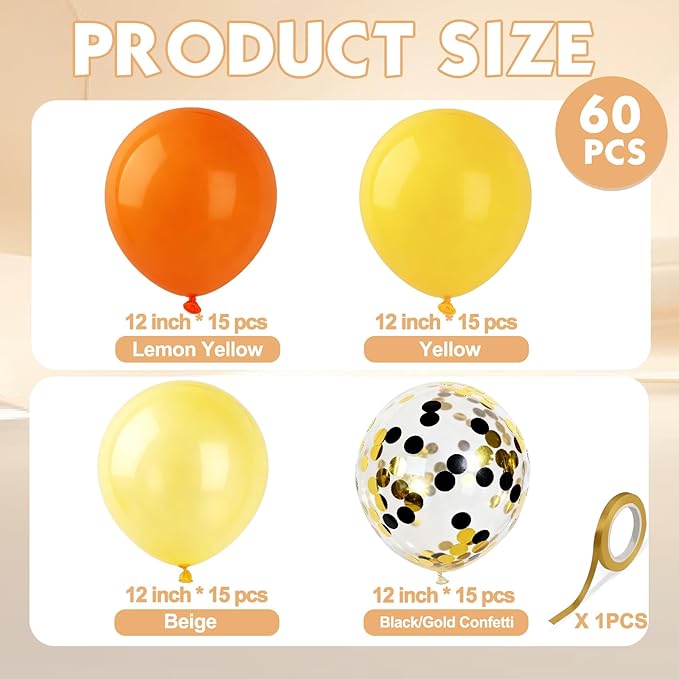 Light Yellow Balloons and Mustard Yellow Balloon, 60 Pcs 12 Inch Latex Balloons Gold Confetti Balloon with 1 Ribbon, Golden Balloon for Birthday Wedding Bridal Shower Party Decorations