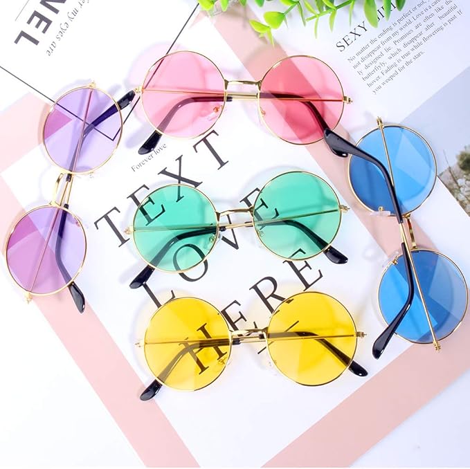 ONESING 8-20 Pairs Round Hippie Sunglasses Circle Sunglasses for Women Glasses Multicoloured Hippie Headband Disco Party