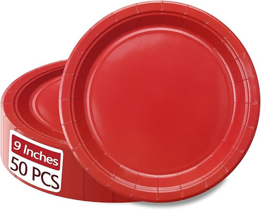 50 Pcs Red Paper Plates, 9 Inch Paper Plates Christmas Plates Dinnerware Round Dinner Plates for Red Christmas Party Supplies Daily Use Wedding Birthday Parties Supplies