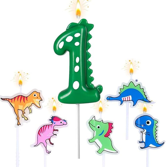 Number 1 Dinosaur Birthday Candles Set, Dino-Themed Cake Candle 1 2.75 Inch Green with 5Pcs Dinosaur Candles for Birthday Parties Celebration