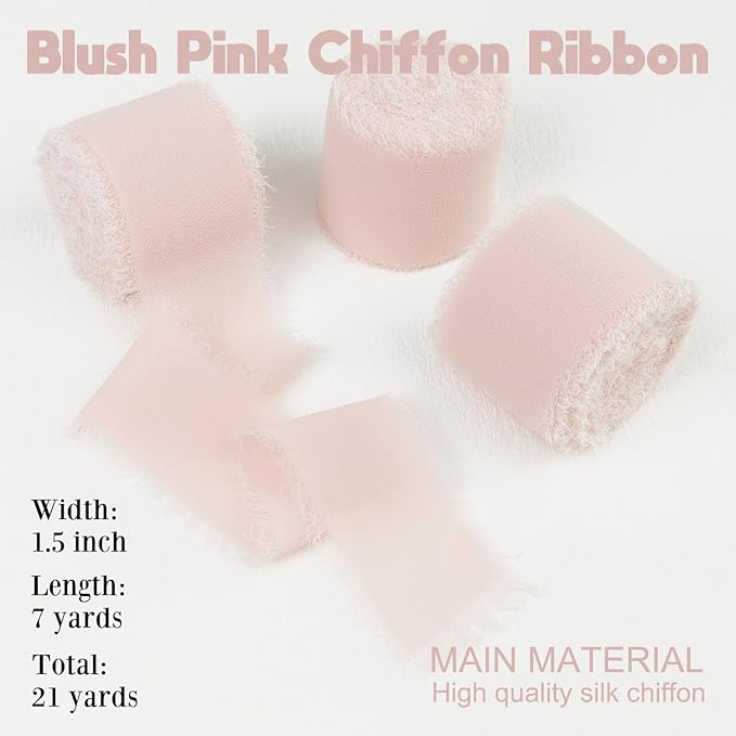 Blush Pink Chiffon Ribbon - 1-1/2 Inch x 21 Yards, Handmade Fringe, Boho Frayed, Pale Pink for Gift Wrapping, Wedding Invitation, Bridal Flower Bouquets