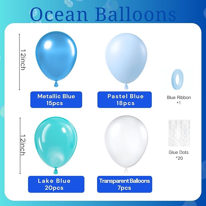 BAUANOOY Ocean Balloons, 60pcs 12 Inch Turquoise Balloon Transparent Balloons Metallic Blue Teal Blue Balloon for Under the Sea Party Baby Shower Wedding Shark Party Decorations