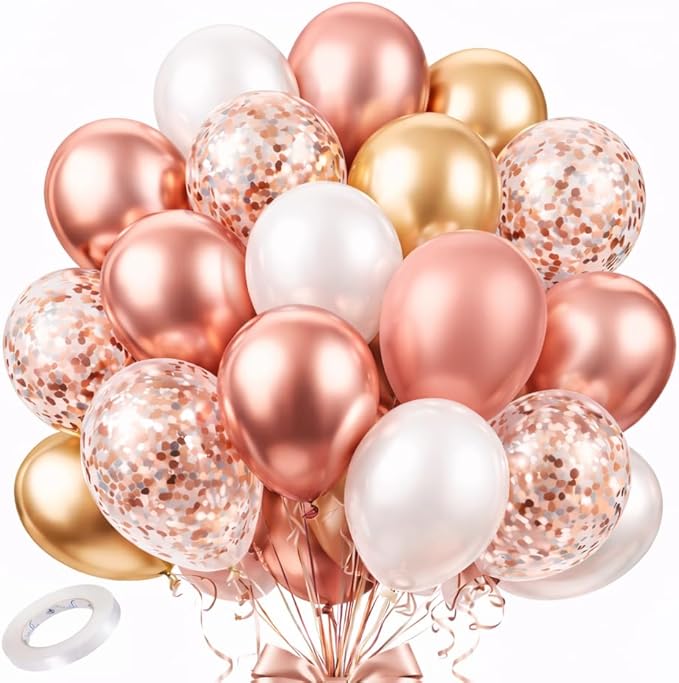Rose Gold Balloons 70 Pack – Chrome Rose Gold, Gold, White & Confetti 12 Inch Latex Balloons for Birthday, Bridal Shower, Wedding & Balloon Arch Decorations