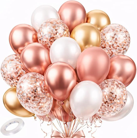 Rose Gold Balloons 70 Pack – Chrome Rose Gold, Gold, White & Confetti 12 Inch Latex Balloons for Birthday, Bridal Shower, Wedding & Balloon Arch Decorations