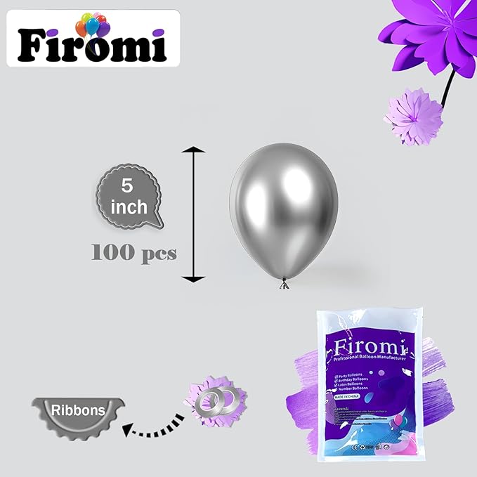 Firomi Metallic Silver Balloons 5-inch 100 Pack Helium Small-Medium Shiny Round Chrome Silver Thicken Latex Balloon for Wedding Birthday Party (with 2 Ribbons)