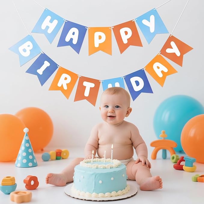 Happy Birthday Banner Birthday Party Banner NO DIY Happy Birthday Sign Pre-Strung Birthday Hanging Decoration for Women Men Girl Boy Party Supplies (Blue and Orange)