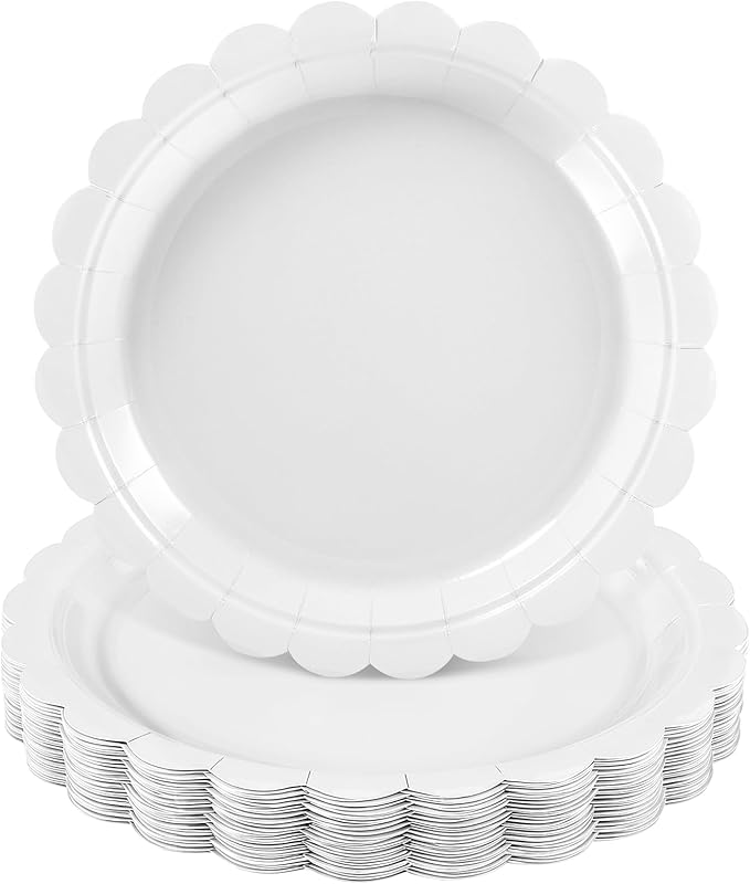 NatNarr 30 Pcs Scalloped Plates 9 Inch Disposable Graduation Paper Plates White Cute Dessert Cake Plate Dinner Party Plate for Congrats Grad, Wedding, Birthday, Engagement