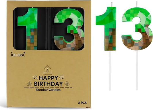 Pixel Birthday Candle, 2.68 Inch Miner Number Candles, Game Themed Candle Birthday Decoration for Pixel Theme Birthday Anniversary Dynamite Video Game Party (Green, 13)