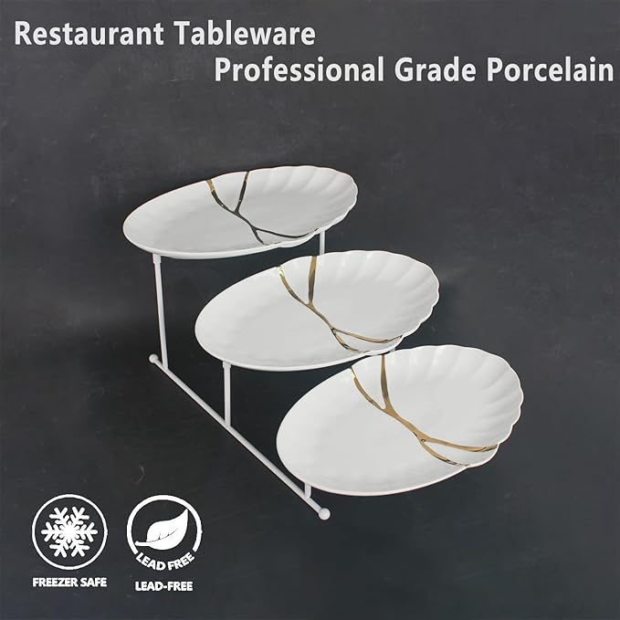 three-tier dining stand, including three 9.8-inch rectangular gold-rimmed plates, foldable and sturdy white metal stand for food display, fruit, desserts, party entertainment decoration