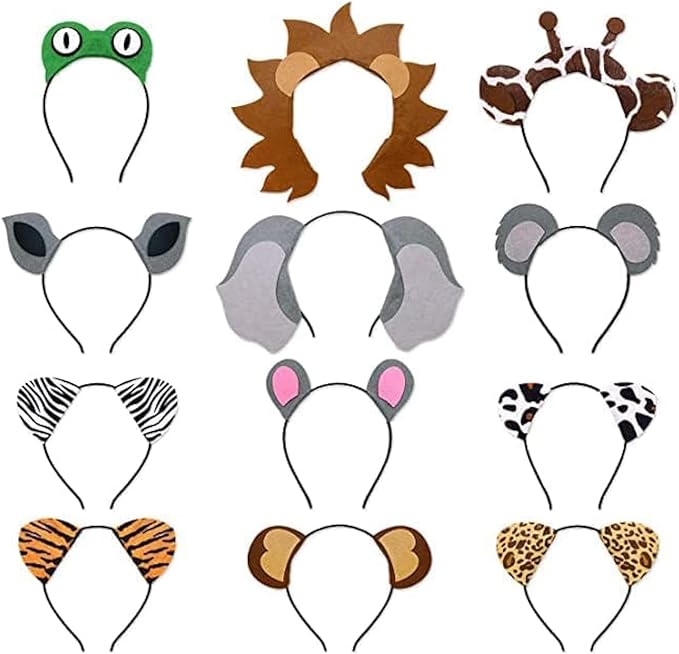 12pcs Jungle Animal Safari Headbands with Animal Hair Hoops - Photo Booth Props, Party Favors and Decorations for Kids and Adults