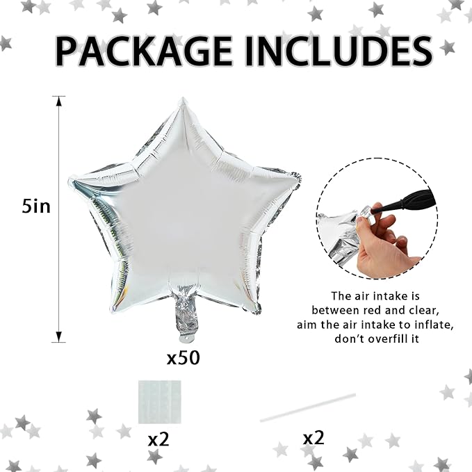 TONIFUL 50Pcs Star Balloons 5 Inch Silver Star Shape Foil Balloons Star Mylar Balloons Star Helium Birthday Balloons for Birthday Wedding Baby Shower Anniversary Engagement Party Decorations Supplies