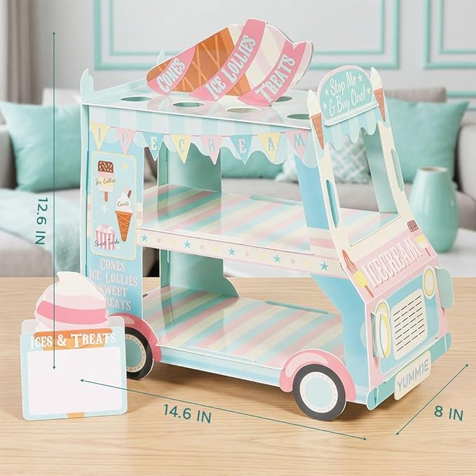 3 Tier Van-Shaped Cupcake Stand, Ice Cream Truck Dessert Display for 24+ Cupcakes, High-Gloss Paperboard Party Cake Holder for Birthday, Baby Shower, Ice Cream Theme Party Supplies