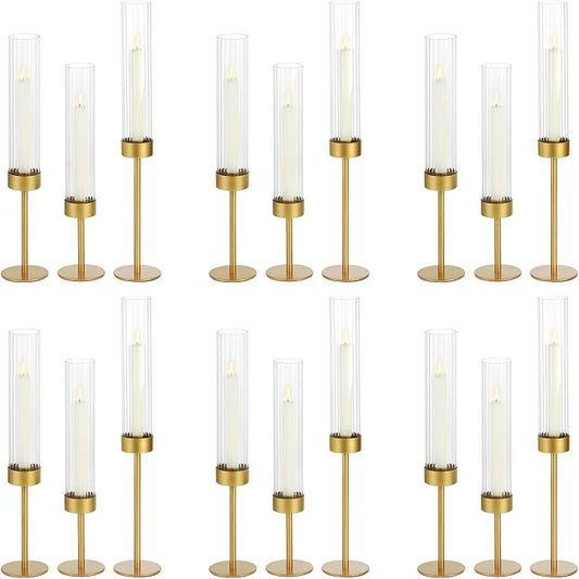 Glass Hurricane Candle Holders Set of 18-Gold Metal Base Taper Candle Stick Holders for CandlesticksHolder Decor, Elegant Dining Table Centerpiece for Wedding, Christmas & Home Decor-Ribbed Glass