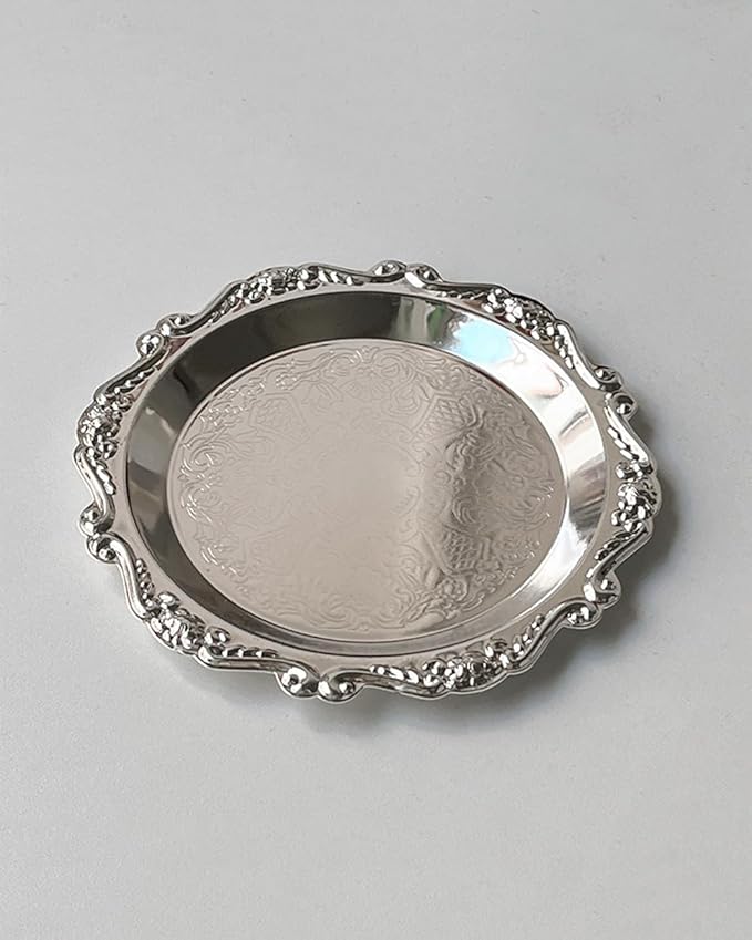 Round Decorative Tray 3.9in Metal Dessert Plates Vintage Coffee Table Tray for Snacks Fruit Silver
