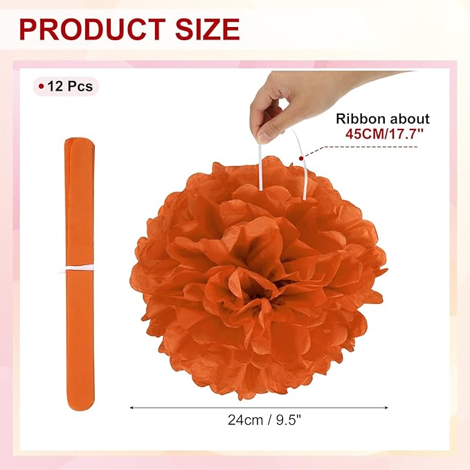 PATIKIL 10inch Tissue Paper Pom Poms, 12PCS Pom Poms Paper Flowers Ball Tissue Paper Flowers for Wedding Bridal Shower Birthday Bachelorette Party Backdrop Decoration, Orange Red