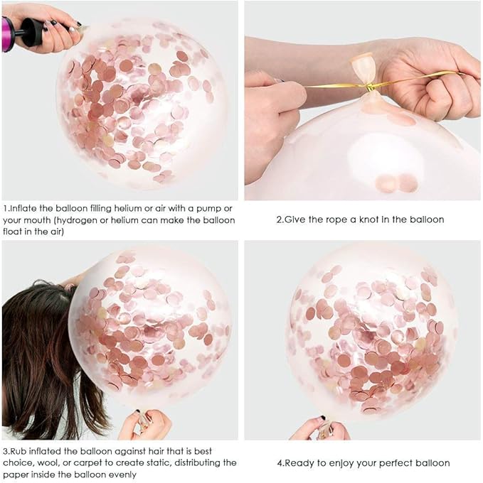 Rose Gold Confetti Latex Balloons, 60 Pack White Balloons 12 Inch with Gold Ribbon for Birthday Party, Wedding, Bridal Shower Decorations