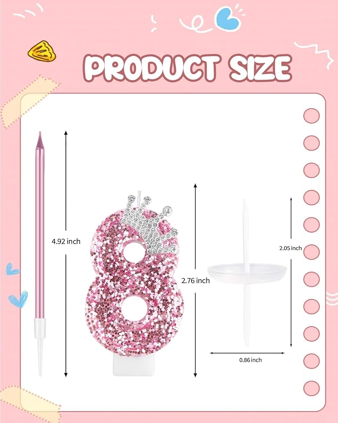 Birthday Candles for Cake, Pink Number Candles, Cake Candles with Greeting Card for Birthday Party Wedding Anniversary Celebrations (8 Candle, Silver Crown)