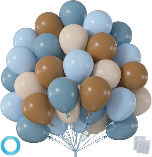 60pcs Dusty Blue Brown Balloons, 12 Inch Slate Blue Light Blue Coffee & Cream Balloon Kit for Bear Baby Shower Gender Reveal Boho Birthday Party Decorations (Ribbon & Glues)