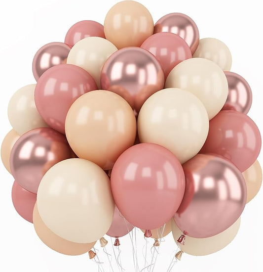 Retro Blush Pink Balloons, 60 Packs 12 Inch Dusty Pink Metallic Chrome Rose Gold White Sand Nude Balloons for Pumpkin Baby Shower Girls Women Boho Birthday Bridal Wedding Mothers Day Decorations