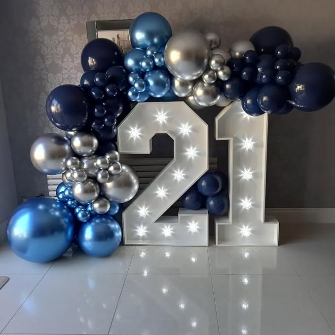 Blue and Silver Latex Balloons, 60pcs 12 Inches Metallic Navy Blue Silver Confetti Balloons with 1 Ribbon for Graduation, Birthday, Baby Shower Party Decorations