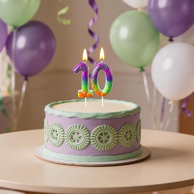 Number 10 Birthday Candle for Cake – Purple Green Flame Design with Lightning & Tire Track Pattern – Off-Road Truck Theme Cake Topper for Birthday Party Decoration