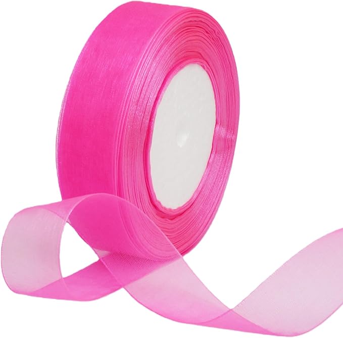 1 Inch 50 Yards Sheer Organza Ribbon Chiffon Ribbon for Gift Wrapping Wedding Bouquet Crafts (Hot Pink)