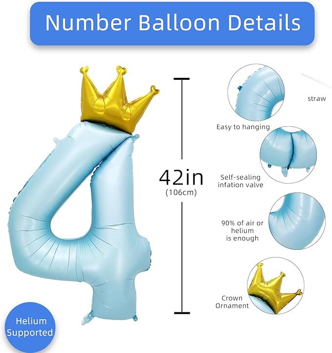 AULE 40 Inch Big Light Blue 4 Balloon Number with Crown Large Foil Helium Number Balloons 0-9 Jumbo Giant Happy 4th Birthday Party Decorations Huge Mylar Anniversary Party Supplies