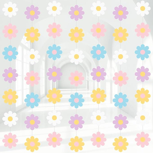 Pasimy 8 Pcs Daisy Boho Party Decorations Groovy Daisy Paper Garlands White Flower Hanging Garland Banner Hippie Flower Cutouts for Birthday Shower Wedding Party Favor Supplies (Fashion,Pastel)