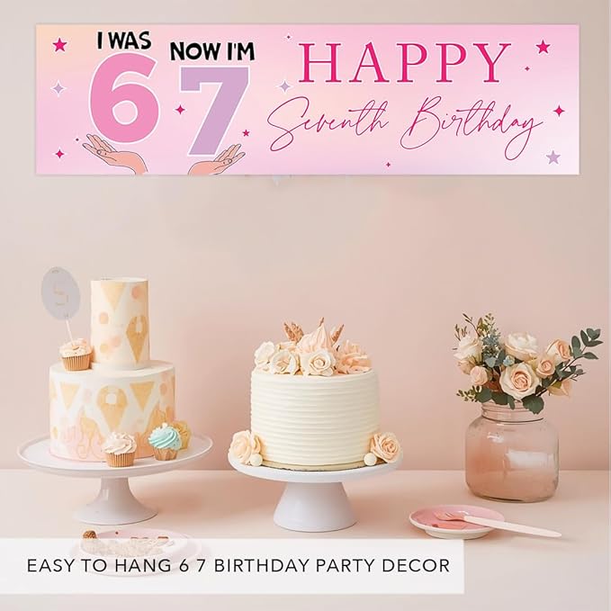 Andaz Press 13x48 Inch 6 7 Birthday Banner Decorations, I Was 6 Now I'm 7 Birthday Banner Pastel Purple Pink 67 Happy Birthday Party Banner for Girls, Home or Party Decor Backdrop Sign with Adhesive