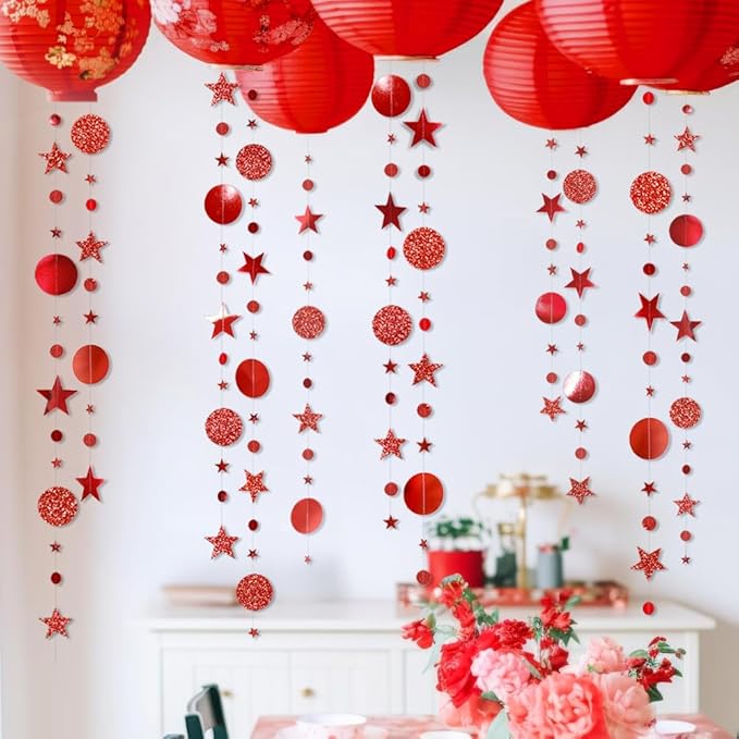 Decor365 Twinkle Star Garland Glitter Red Party Decorations Star Banner Ceiling Hanging Streamer Backdrop for Birthday Valentine’s Day Christmas Lunar New Year Weddings Romantic Theme Party Supplies