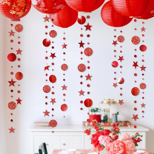 Decor365 Twinkle Star Garland Glitter Red Party Decorations Star Banner Ceiling Hanging Streamer Backdrop for Birthday Valentine’s Day Christmas Lunar New Year Weddings Romantic Theme Party Supplies