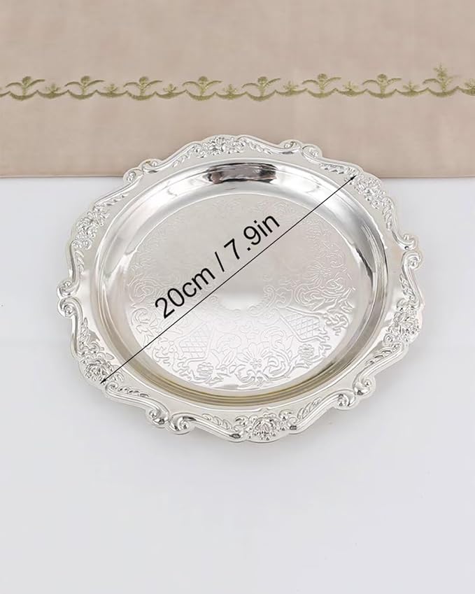 Round Decorative Tray 7.9in Metal Dessert Plates Vintage Coffee Table Tray for Snacks Fruit Silver