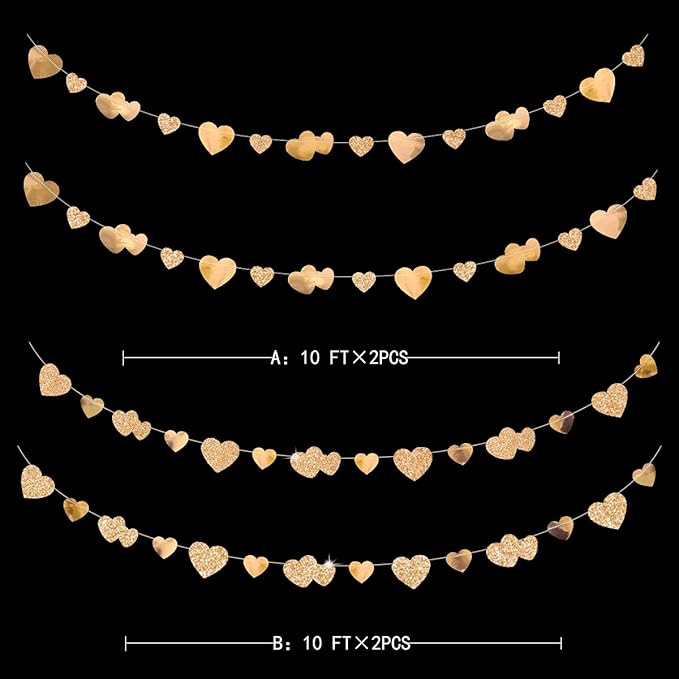 Valentines Day Party Decorations Champagne Gold Heart Banner Hanging Paper Garland Streamer for Anniversary Engagement Wedding Bridal Baby Shower Bachelorette Birthday Mother's Day Hen Party Supplies
