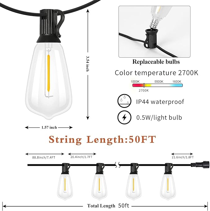 50FT LED Outdoor String Lights, Waterproof Patio Lights with 25+1 Edison Shatterproof Bulbs, Outside Hanging Light, Christmas Decorative for Patio, Cafe, Garden, Bar